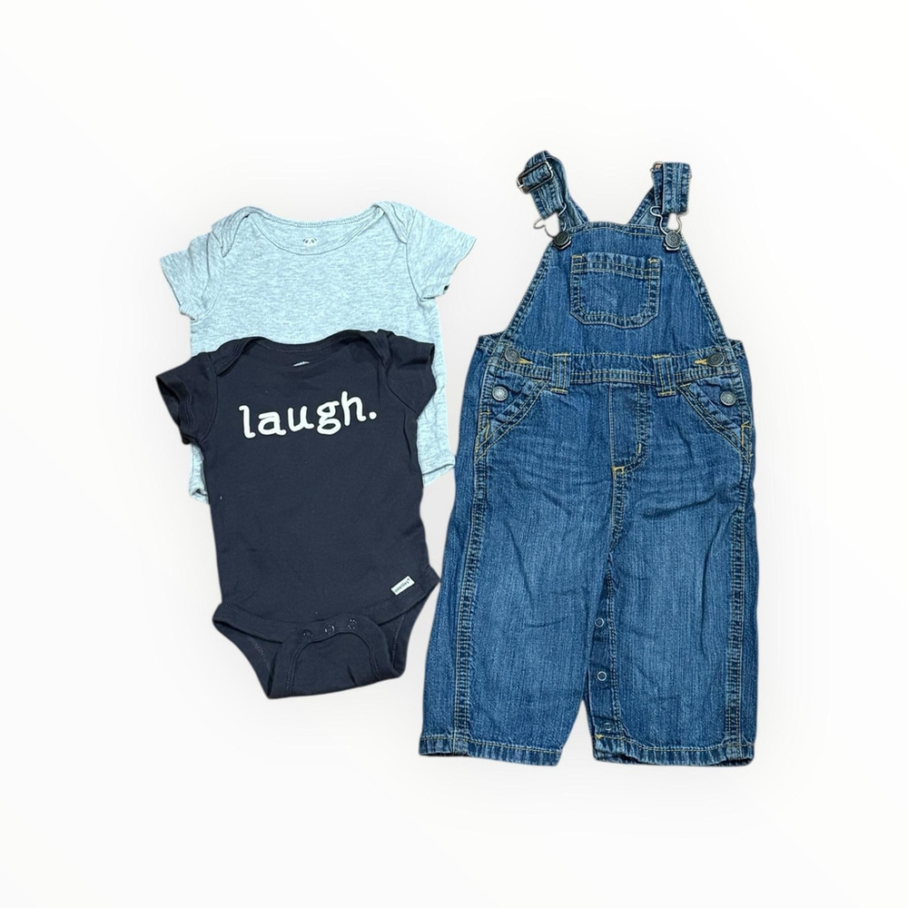 Baby Boy Outfit Set 3 Pc 9-12M Denim Overalls 2 Bodysuits Blue Mixed Brands